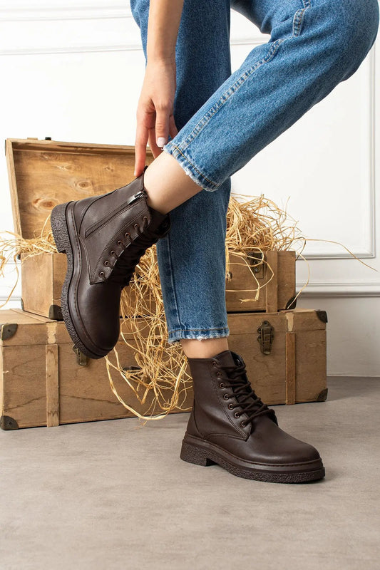 Mary Kadın Fermuarlı Bağcıklı Postal Bot - Kalın Taban Sıcak Astarlı Şık Kışlık Bot Melodi Ayakkabı