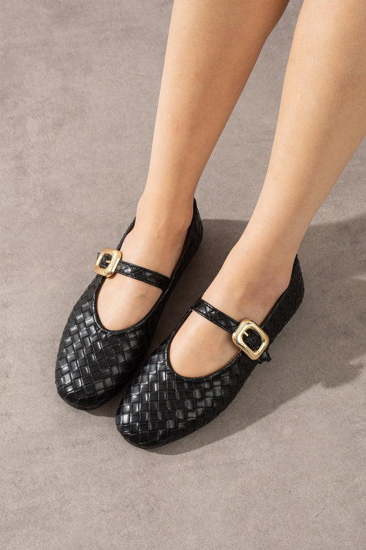 Örgü Desenli Tokalı Kadın Babet Ayakkabı - Siyah Kahverengi Melodi Ayakkabı
