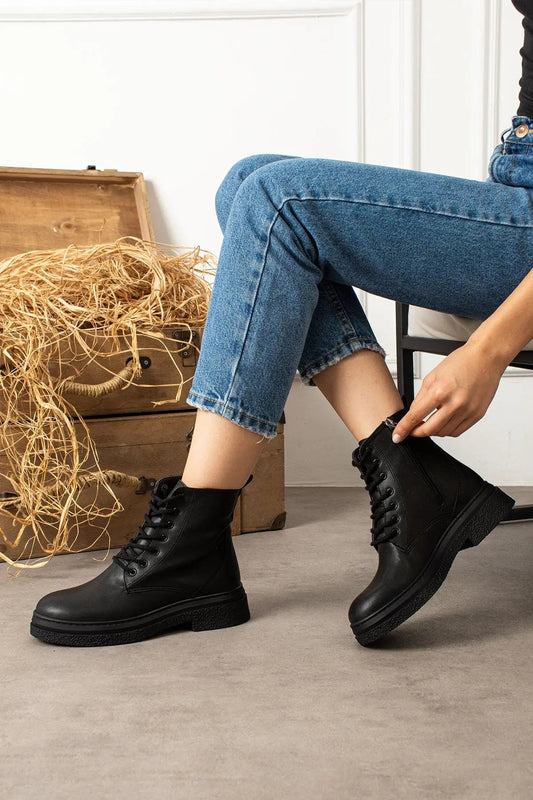 Mary Kadın Fermuarlı Bağcıklı Postal Bot - Kalın Taban Sıcak Astarlı Şık Kışlık Bot Melodi Ayakkabı