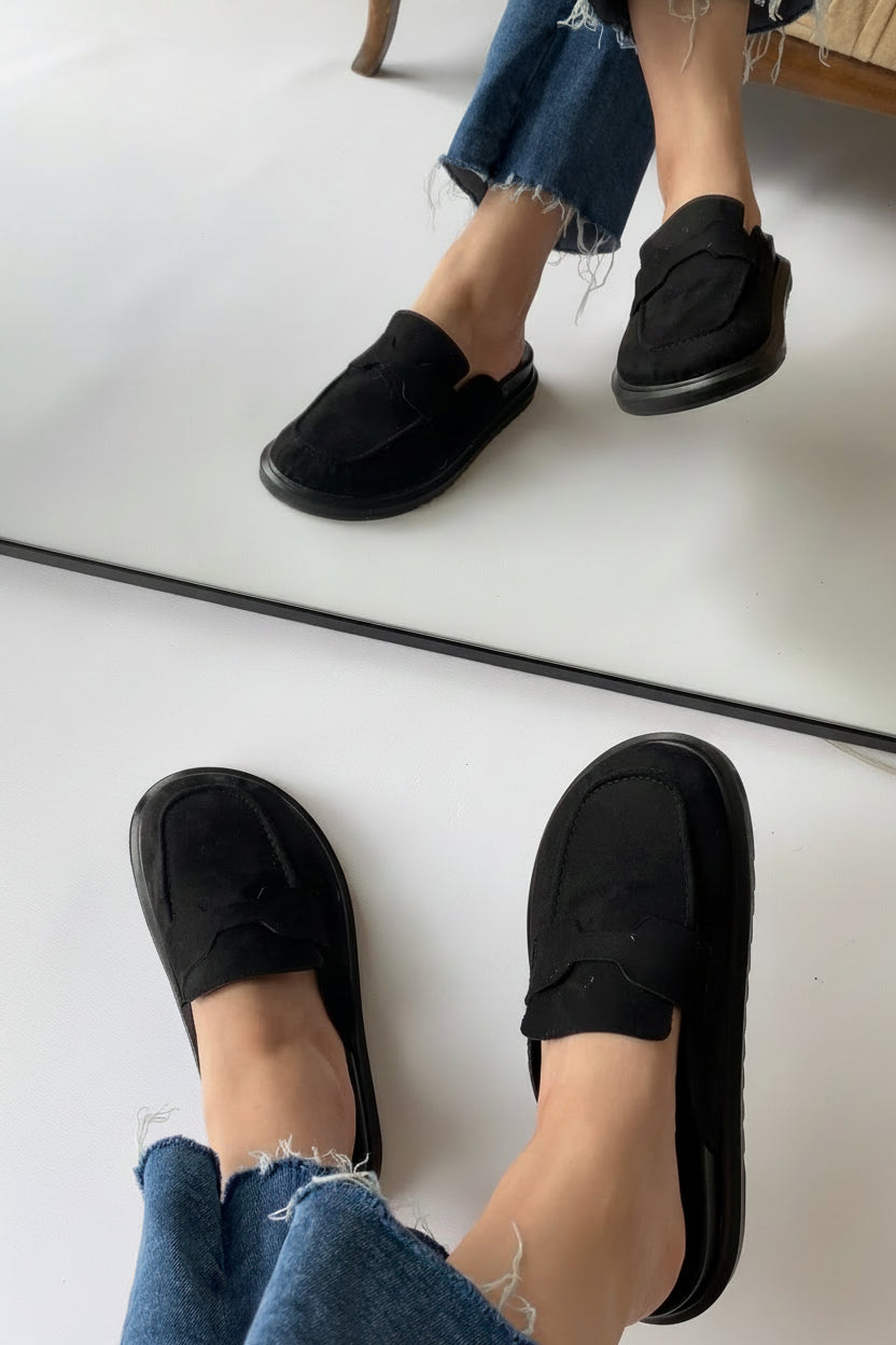Mule Süet El Yapımı Rahat Loafer - Siyah Üstten
