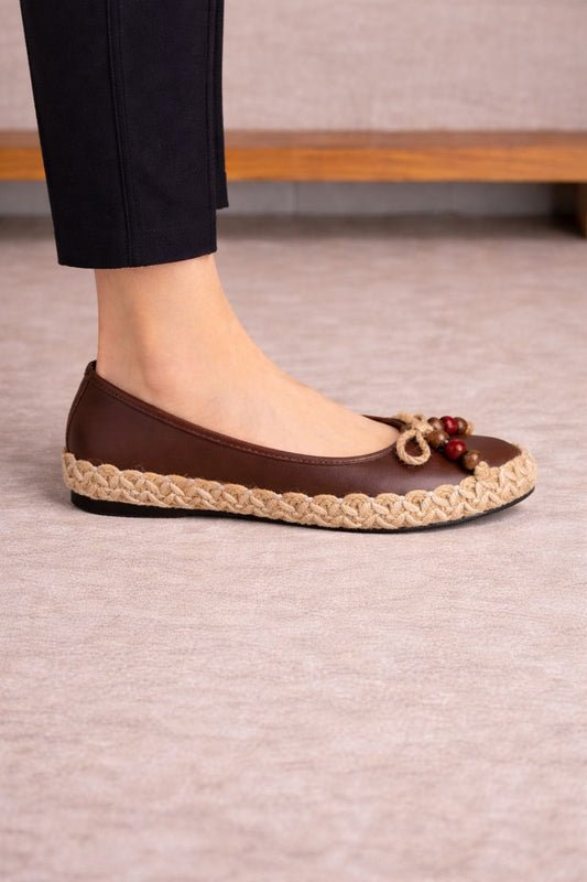 Kadın Kahverengi Hasır Detaylı Günlük Rahat Babet Ayakkabı