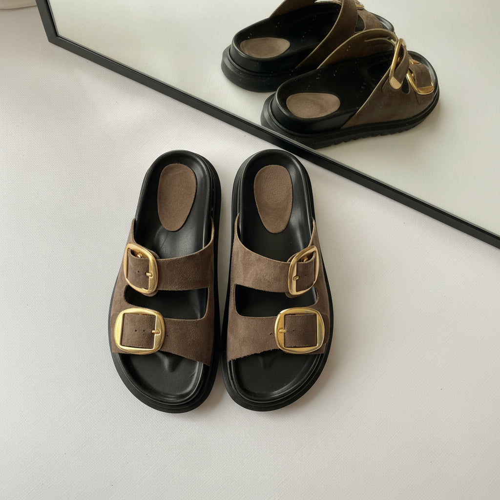 Golden Çift Tokalı Rahat Terlik – Vizon
