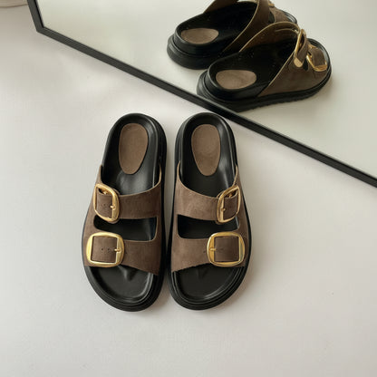 Golden Çift Tokalı Rahat Terlik – Vizon
