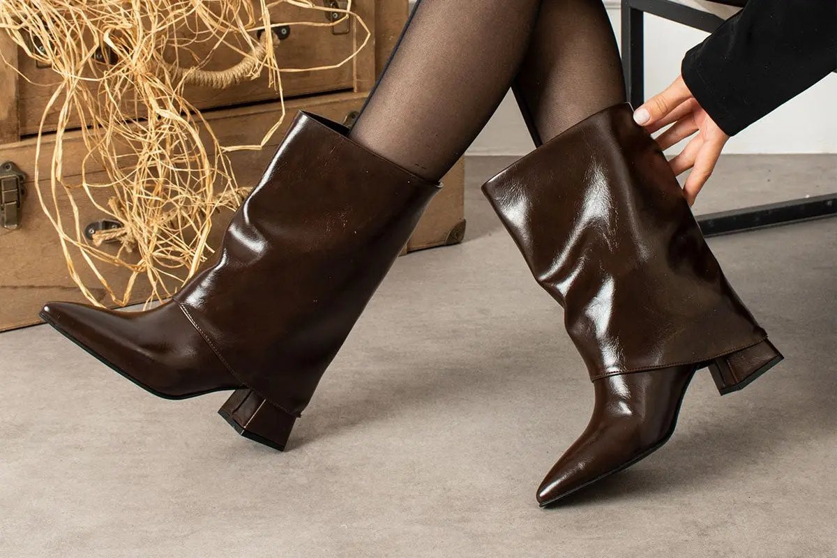 Lorin Kadın Kahverengi Deri Çizme - Sivri Burun Topuklu Bot Melodi Ayakkabı