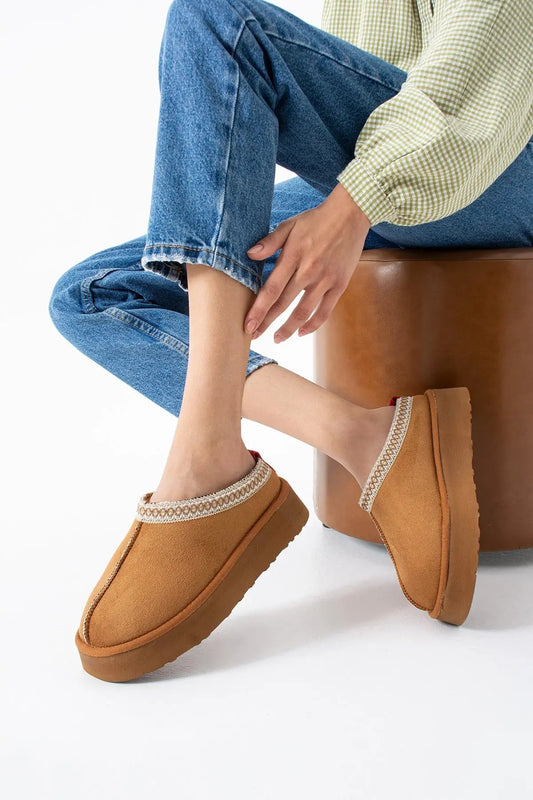 Sweet Süet İçi Kürklü Düz Taban Terlik Sıcak Rahat Melodi Ayakkabı