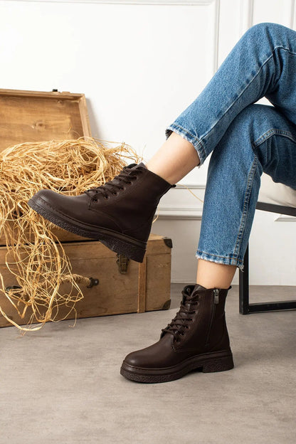 Mary Kadın Fermuarlı Bağcıklı Postal Bot - Kalın Taban Sıcak Astarlı Şık Kışlık Bot Melodi Ayakkabı