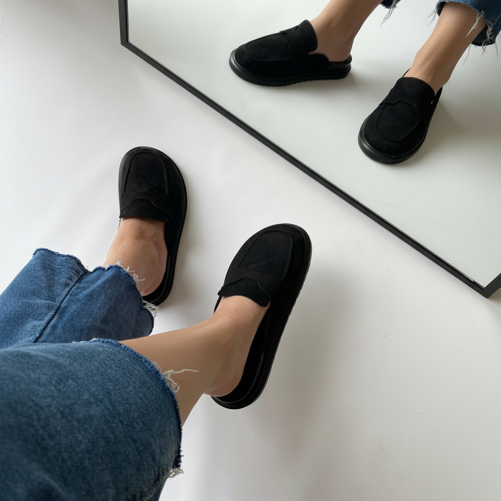 Mule Süet El Yapımı Rahat Loafer - Siyah Detay