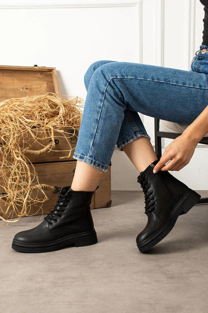 Mary Kadın Fermuarlı Bağcıklı Postal Bot - Kalın Taban Sıcak Astarlı Şık Kışlık Bot Melodi Ayakkabı