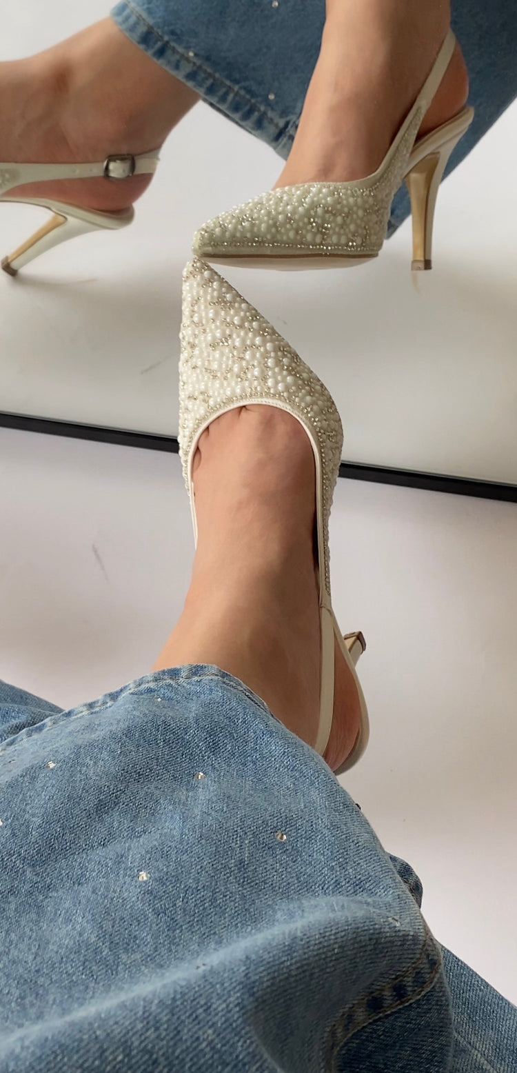 İnci ve kristal detaylı slingback topuklu ayakkabı - görsel 1