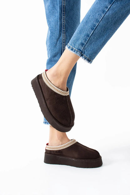 Sweet Süet İçi Kürklü Düz Taban Terlik Sıcak Rahat Melodi Ayakkabı