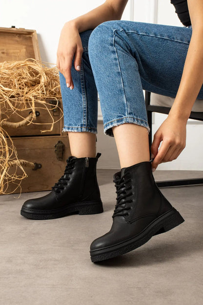 Mary Kadın Fermuarlı Bağcıklı Postal Bot - Kalın Taban Sıcak Astarlı Şık Kışlık Bot Melodi Ayakkabı