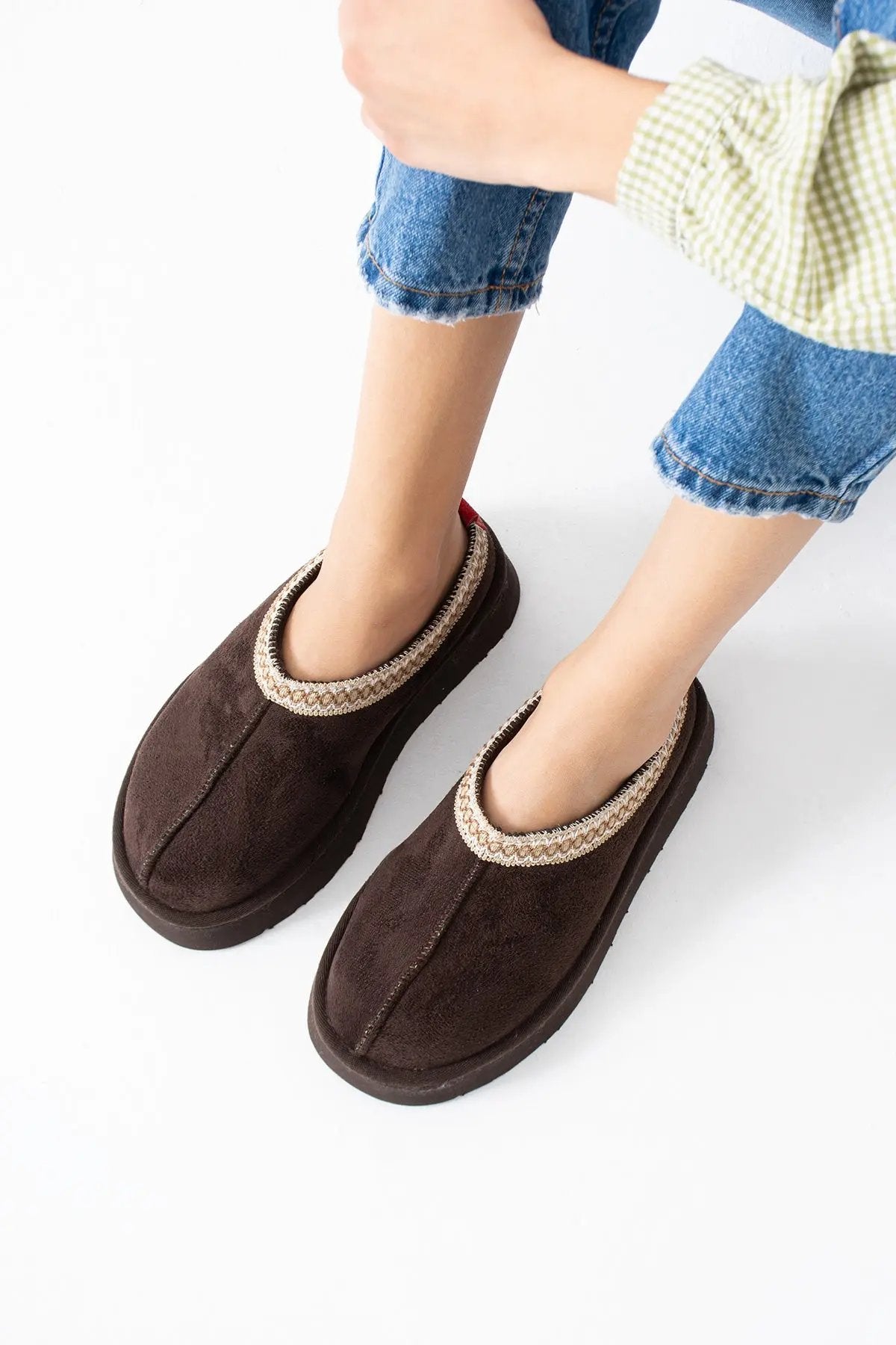 Sweet Süet İçi Kürklü Düz Taban Terlik Sıcak Rahat Melodi Ayakkabı