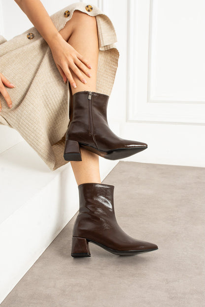 Vera Kadın Sivri Burun Kalın Topuklu Bot - KAHVE Melodi Ayakkabı