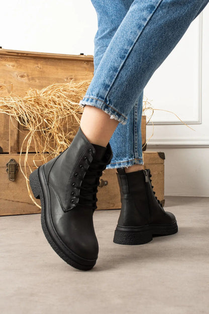 Mary Kadın Fermuarlı Bağcıklı Postal Bot - Kalın Taban Sıcak Astarlı Şık Kışlık Bot Melodi Ayakkabı