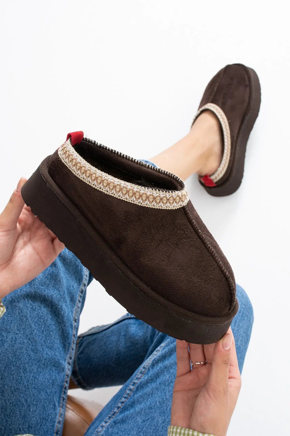 Sweet Süet İçi Kürklü Düz Taban Terlik Sıcak Rahat Melodi Ayakkabı