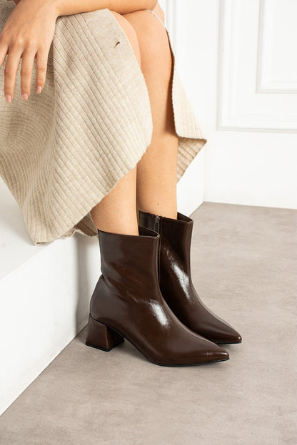 Vera Kadın Sivri Burun Kalın Topuklu Bot - KAHVE Melodi Ayakkabı