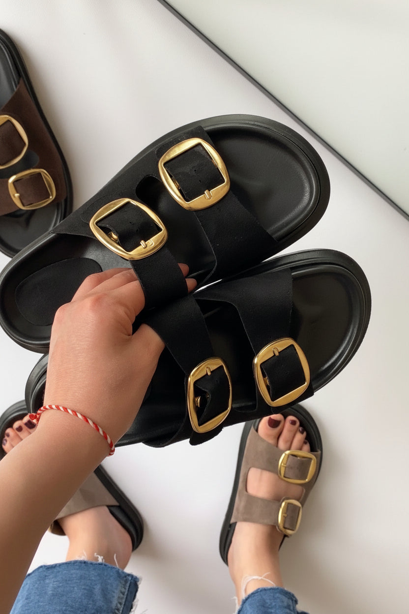 Golden Çift Tokalı Rahat Terlik – Siyah