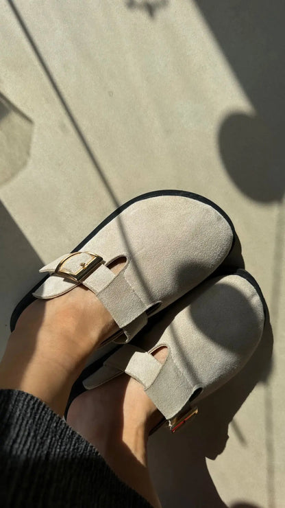 Melodi Ayakkabı Lumi El Yapımı Bej Tokalı Kadın Terlik – Günlük Şıklık ve Konfor Melodiayakkabı