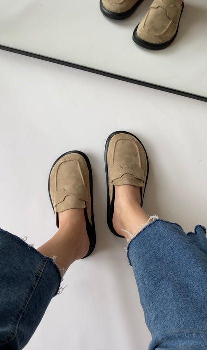 Mule Loafer Süet El Yapımı Şık Rahat Kalıp- Bej