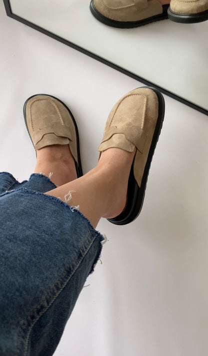 Mule Loafer Süet El Yapımı Şık Rahat Kalıp- Bej