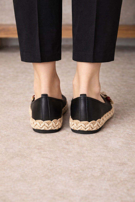 Kadın Siyah Hasır Detaylı Günlük Rahat Babet Ayakkabı