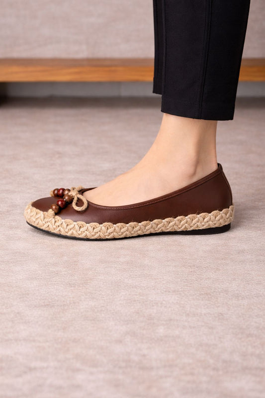 Kadın Kahverengi Hasır Detaylı Günlük Rahat Babet Ayakkabı