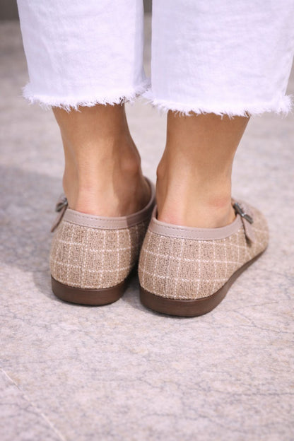 Kadın Bej Simli Dokulu Tokalı Günlük Rahat Babet Ayakkabı