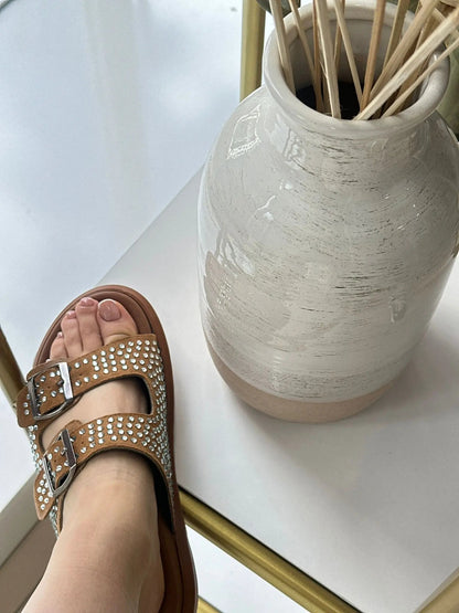 Melodi Zımbalı Çift Tokalı Kadın Terlik - Şık Günlük Model Melodi Ayakkabı