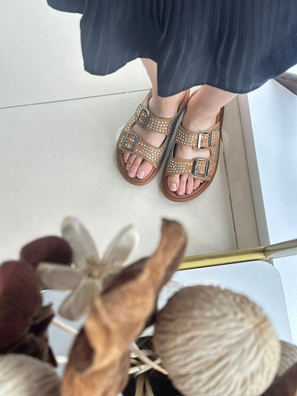 Melodi Zımbalı Çift Tokalı Kadın Terlik - Şık Günlük Model Melodi Ayakkabı