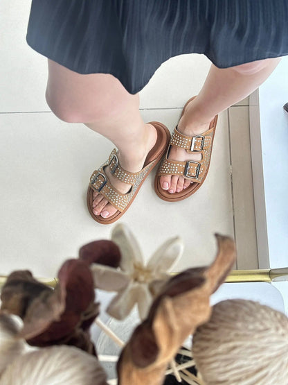 Melodi Zımbalı Çift Tokalı Kadın Terlik - Şık Günlük Model Melodi Ayakkabı