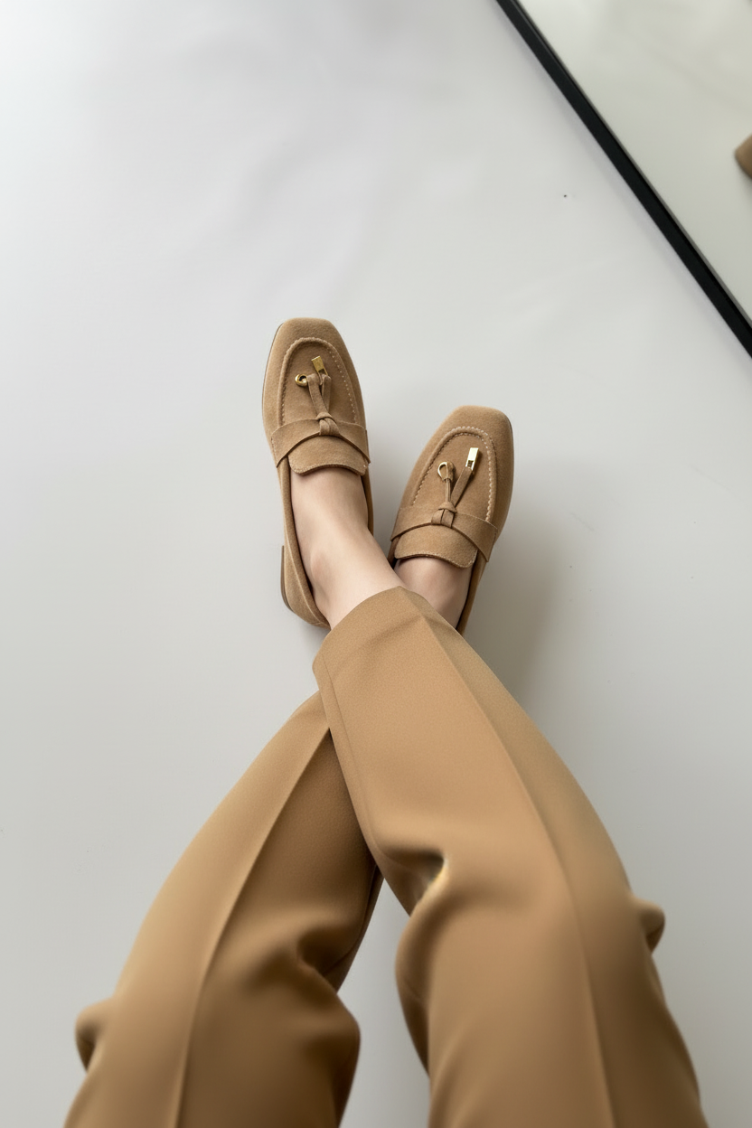 Bej Loafer Bacak Bacak Üstüne Poz