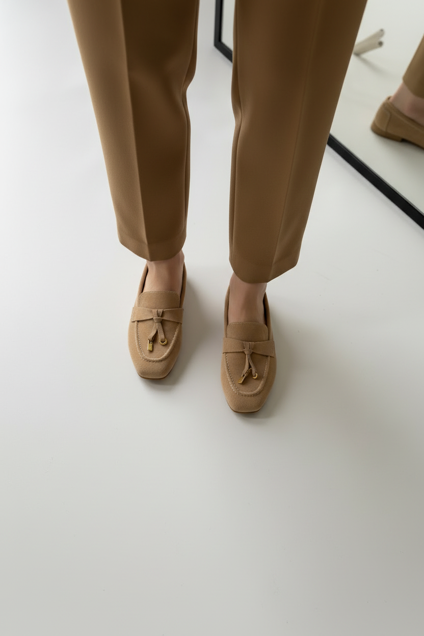 Bej Loafer Yürüyüş Pozu