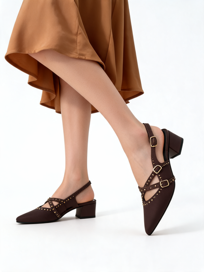 Miray Çift Tokalı Çapraz Bantlı Süet Topuklu - Bej Renk