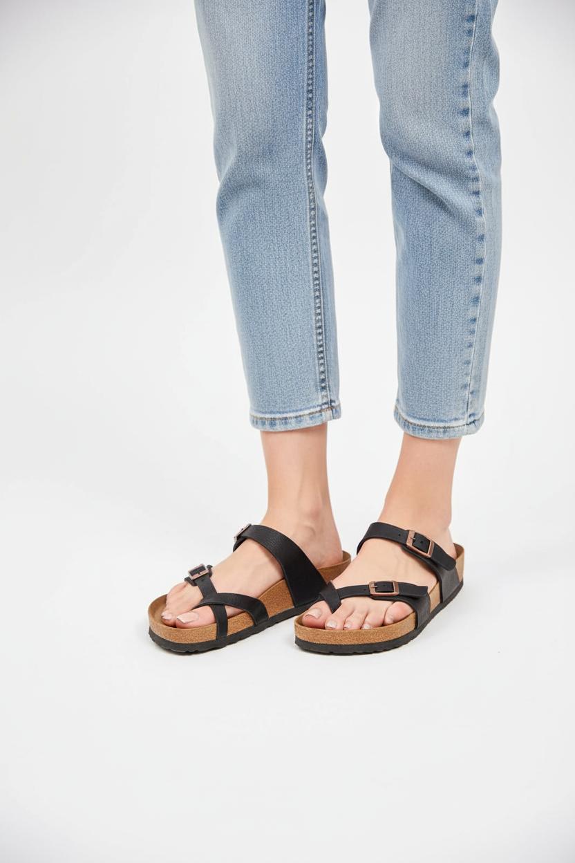 Siyah sandalet üstten açı - ayakta